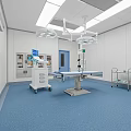 Sterile Operating Room With Surgical Table Medical Lights Cabinets And Blue Floor