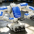 Industrial Robot Equipment With Blue And White Mechanical Arms In Factory Setting