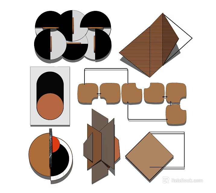 Modern Geometric Wall Decor With Circular Square Triangular Shapes And Wooden Elements 3d model