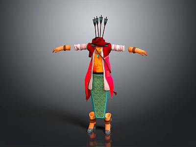 Vibrant Outfit With Red Hat Arrows Red Coat Yellow Shirt Green Patterned Pants Yellow Boots 3d model