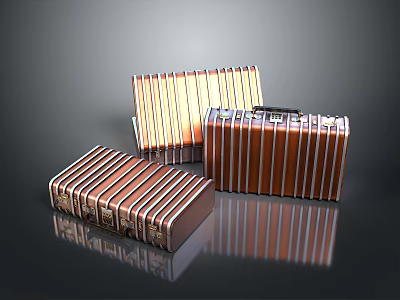 Three Shiny Striped Bronze Metal Storage Boxes With Classic Lock Details 3d model