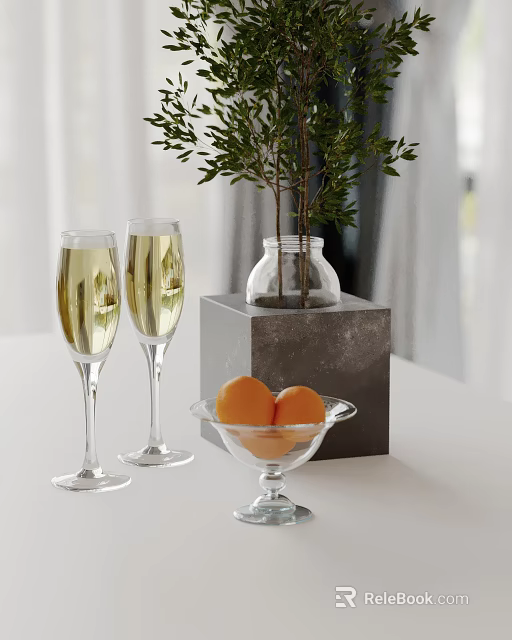Ornamental Decor Set With Champagne Glasses Green Plant Glass Vase And Orange Glass Bowl 3d model 