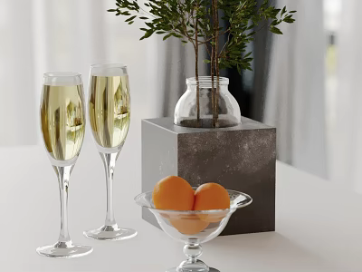 Ornamental Decor Set With Champagne Glasses Green Plant Glass Vase And Orange Glass Bowl 3d model