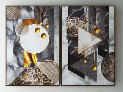 Modern Art Decor Paintings Featuring Geometric Shapes Golden Balls And Marble Patterns 3d model