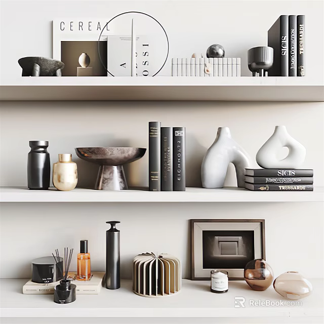 Elegant Decorative Ornament Collection With Books Vases Frames And Bowls On Shelves 3d model 