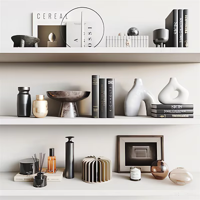Elegant Decorative Ornament Collection With Books Vases Frames And Bowls On Shelves 3d model