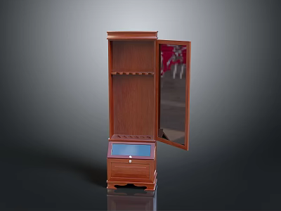 Mahogany Wood Cabinet With Open Door Mirror Panel Lower Drawer And Interior Shelves 3d model