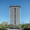 Modern High Rise Residential Building With Surrounding Trees And Fountain Under Blue Sky