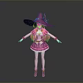 Pink Witch Character Wearing Frilly Dress With Large Hat And Magical Outfit