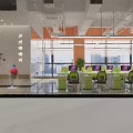 Modern Open Public Office Space With Green Chairs White Desks Computer Monitors And City View