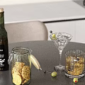Decorative Ornaments Set with Glass Jar Wooden Lid Green Bottle and Martini Glass for Tabletop