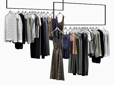 Various Hanging Clothes on Racks with Long Sleeves Dresses Pants and Multiple Colors 3d model