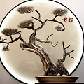 Artistic Pine Bonsai Plant With Curved Branches And Round Decorative Background