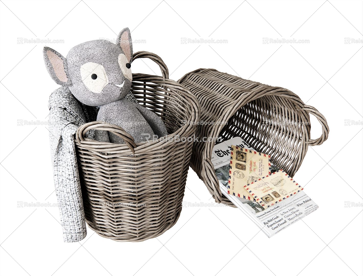 Modern Storage Basket Doll Muppet Doll Animal Doll Bamboo Basket Bamboo Basket Newspaper Blanket 3d model