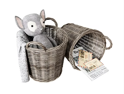 Woven Storage Baskets with Stuffed Toy Soft Blanket and Vintage Postcards 3d model