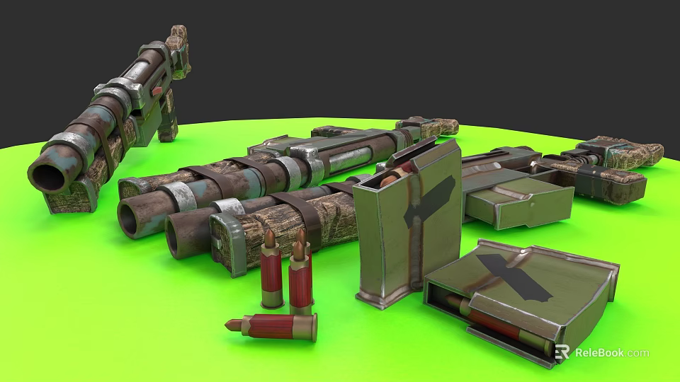 Military Rifles With Wooden Metal Parts Ammunition Boxes And Bullets On Green Surface 3d model 