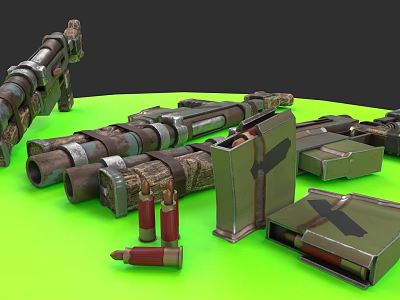 Military Rifles With Wooden Metal Parts Ammunition Boxes And Bullets On Green Surface 3d model
