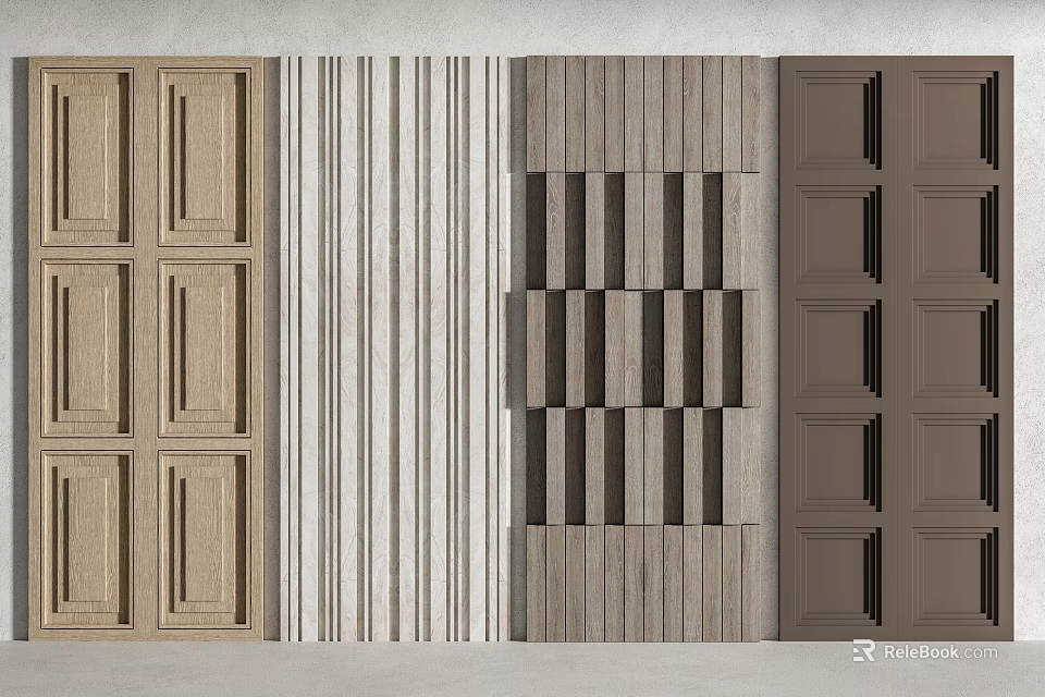 Various Wall Panel Designs Including Wooden Vertical Strips Geometric Pattern and Dark Brown Panels 3d model 