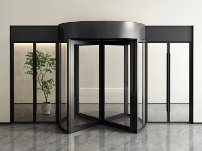 Modern Revolving Door With Glass Panels Black Frame And Marble Floor Interior 3d model
