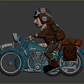 Vintage Blue Motorcycle With Two People Riding Wearing Helmets Hats And Luggage Bag