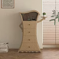 Wooden Storage Cabinet With Drawers Top Shelf And Decorative Bottles By Window Blinds