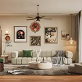 Modern Living and Dining Room Interior With Cozy Sofa Decorative Artworks And Round Coffee Table