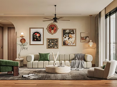 Modern Living and Dining Room Interior With Cozy Sofa Decorative Artworks And Round Coffee Table 3d model