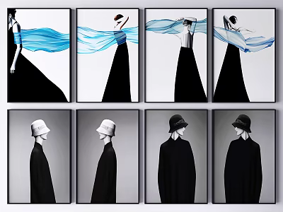 Stylish Portrait Paintings With Black Dresses Blue Ribbons And Hat Wearing Figures In Black Clothing 3d model
