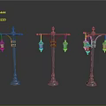 Vintage Street Lamps With Multiple Lanterns And Shiny Bases Against Dark Background