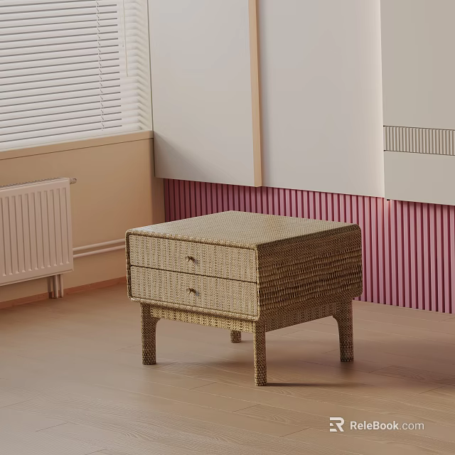 Wicker Bedside Table With Two Drawers And Wooden Legs In Room With Pink Striped Wall 3d model 