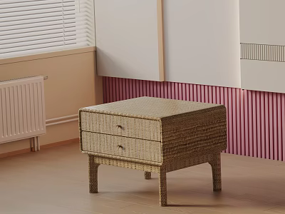Wicker Bedside Table With Two Drawers And Wooden Legs In Room With Pink Striped Wall 3d model