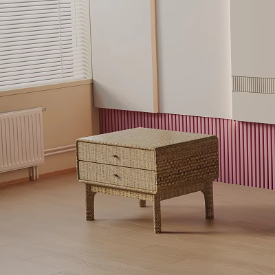 Wicker Bedside Table With Two Drawers And Wooden Legs In Room With Pink Striped Wall 3d model