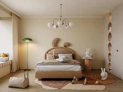 Kids Bedroom With Rabbit Ear Headboard Chandelier Circular Hole Cabinet And Rabbit Plush Toys 3d model