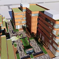 Modern Orange Office Building With Glass Elements And Landscaped Plaza Entrance Area