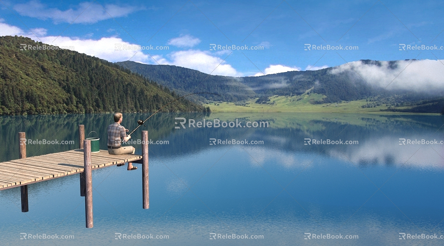 Fishing Animation Natural Landscape Geology Geomorphology Ecological Water Waterscape Plants Tree Hill 3d model