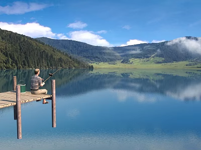 Serene Lake Landscape With Wooden Dock Person Fishing Calm Water Mountain Reflections Blue Sky Forest 3d model