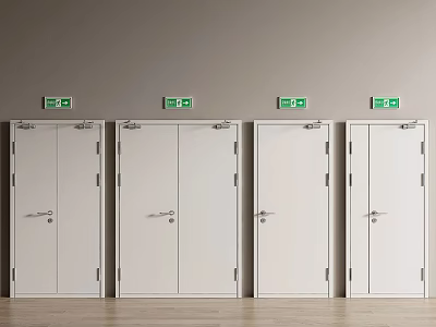 White Emergency Exit Doors With Green Signs In Row For Safety Access 3d model