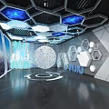 Futuristic Exhibition Hall With Hexagonal Ceiling Blue Lighting And Central Spherical Installation 3d model