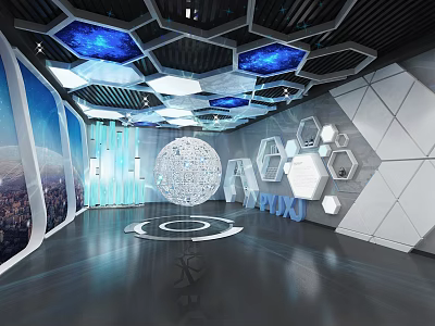 Futuristic Exhibition Hall With Hexagonal Ceiling Blue Lighting And Central Spherical Installation 3d model
