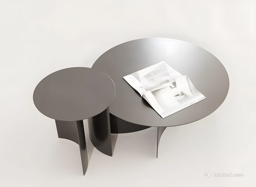 Silver Gray Metal Round Coffee Table Set with Large Small Smooth Surface and Open Magazine 3d model