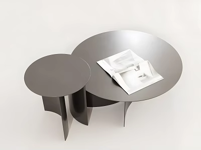Silver Gray Metal Round Coffee Table Set with Large Small Smooth Surface and Open Magazine 3d model