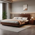 Modern Bedroom Interior With Wooden Bed Nightstand Table Lamp Green Plant Curtains And Rug