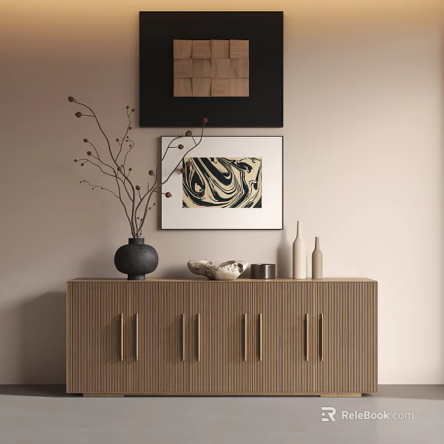 Stylish Wooden Console Table With Decorative Vase Branches Shells Bottles And Wall Art 3d model