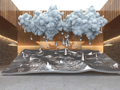 Exhibition Hall Interior Design With Cloud Like Decorations Silver Wavy Floor And Wooden Ceiling 3d model