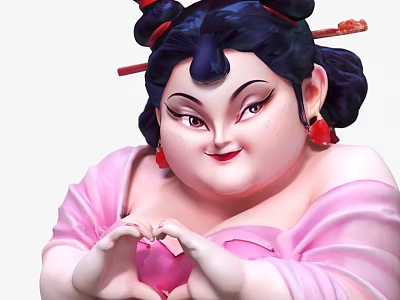 Cute Doll With Black Hair Red Hairpins Red Earrings Pink Clothing And Heart Gesture 3d model