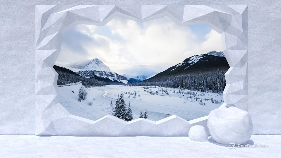 Geometric Frame Enclosed Snowy Mountain Landscape With Forest Trees And Clear Sky Winter View 3d model 