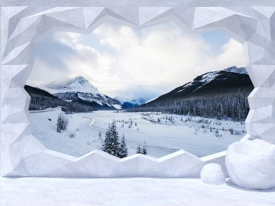 Geometric Frame Enclosed Snowy Mountain Landscape With Forest Trees And Clear Sky Winter View 3d model