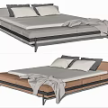 Modern Double Bed With Upholstered Headboard Metal Frame White Mattress Gray Blanket And Pillows
