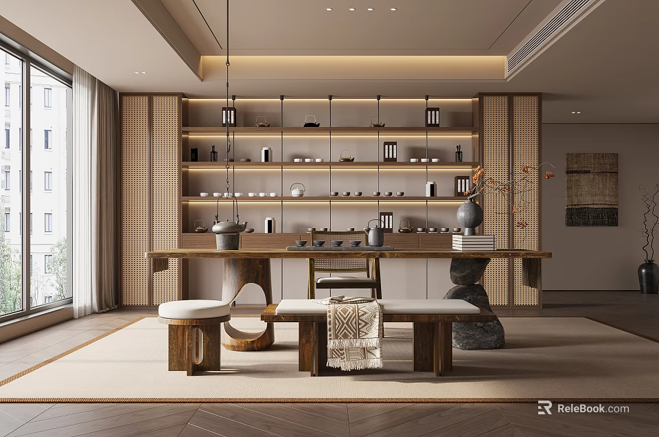Modern Tea Room Interior Design With Open Space Wooden Table And Tea Sets Decor 3d model 