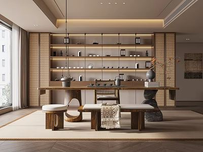 Modern Tea Room Interior Design With Open Space Wooden Table And Tea Sets Decor 3d model
